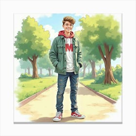 Justin Bieber In Watercolor, Casual Outfit, Smiling In A Peaceful Park Canvas Print