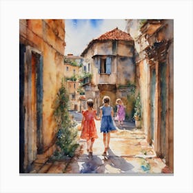 Two girls walking down a street Canvas Print