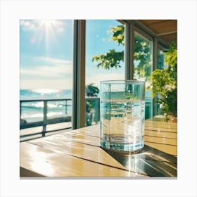 Sunny Day Wet Glass On Table Filled With Water In Front Of Camera Window Beach And Sea In Background Canvas Print