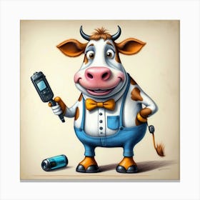 Cartoon Cow Holding A Cell Phone Canvas Print