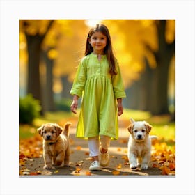 Cute Little Girl With Puppies Canvas Print