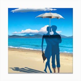 Couple With Umbrella On The Beach Canvas Print