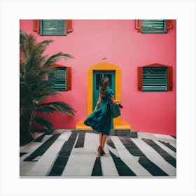 Woman In Front Of Colorful House Canvas Print