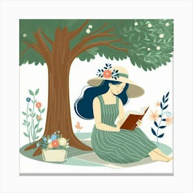 Girl Reading A Book Under A Tree, Vector Style Canvas Print