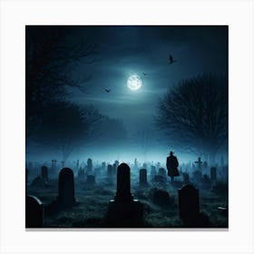 Full Moon Casting An Eerie Glow Over A Cemetery Gravestones Crooked With Names Worn By Time Mist C (1) Canvas Print