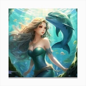 Anime Art, Mermaid and dolphin Canvas Print