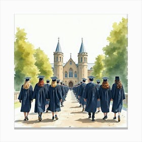 A Watercolor Of An English University Graduation Ceremony, With Students In Caps And Gowns 1 Canvas Print