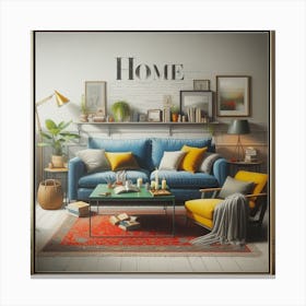 Home Sweet Home: A Realistic Painting of a Living Room Interior with a Typography Background Canvas Print