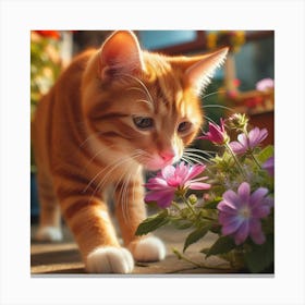 Cat Sniffing Flowers 2 Canvas Print