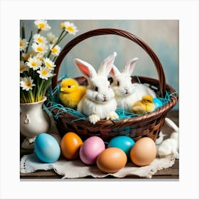 Photo of Easter bunnies and chicks in a brown basket, with dyed eggs, with a flower bouguet nearby Leinwandbild