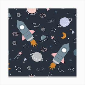 Space Background Illustration With Stars And Rocket Seamless Vector Pattern Canvas Print