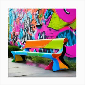 Eco-friendly minimalist park bench, organically inspired by Jeff Koons, featuring functional crime prevention elements amidst a graffiti-filled urban backdrop Canvas Print