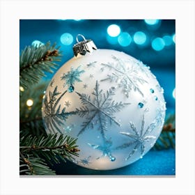 Closeup Of A Shiny White Bauble Adorned With Snowflakes Reflecting The Merry Lights Of A Festive Ch (7) Canvas Print