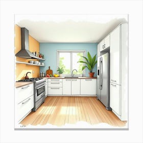 Modern Kitchen Watercolor, Cheerful, Inviting Design 1 Canvas Print