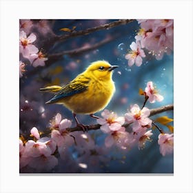 A Yellow Bird in the Spring Rain with Cherry Blossom Canvas Print