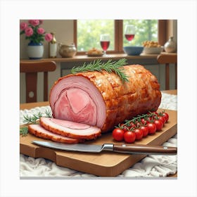 Watercolor Image Of A Tender And Juicy Roast Pork Loin On A Cozy Dining Table Canvas Print