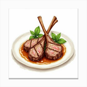 A Charming Watercolor Image Of A Plate Of Tender And Juicy Grilled Lamb Chops With Mint Sauce Canvas Print