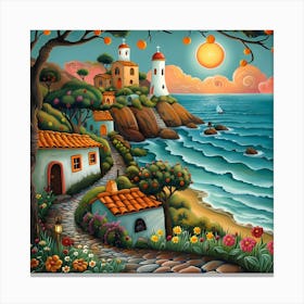 Sunset By The Sea, Naive, Whimsical, Folk Canvas Print