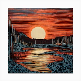 Sunset Over The River Linocut Illustration Canvas Print