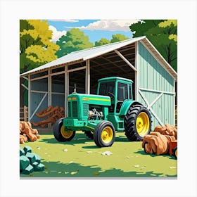 Green Tractor By Shed Cubism Style Canvas Print