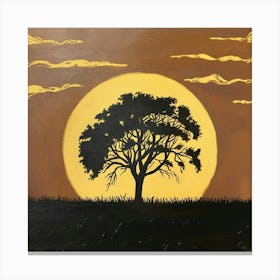 a tree with a yellow sun in the background and a brown sky above it Canvas Print