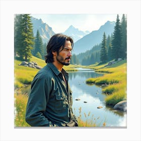 Watercolor Painting Of Keanu Reeves Near A Peaceful Mountain Stream Canvas Print