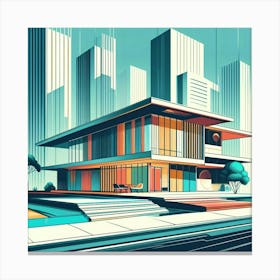 Graphic Illustration Of Mid Century Architecture With Sleek Lines And Vibrant Colors, Style Graphic Design Canvas Print