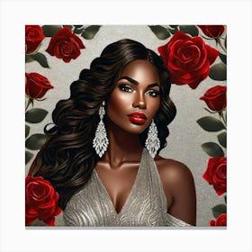 Black Woman With Red Roses Canvas Print