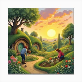 Watercolor Scene Of Hobbits Tending Their Garden At Sunrise Canvas Print