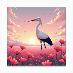 Crane In Pink Cosmos Field 1 Canvas Print