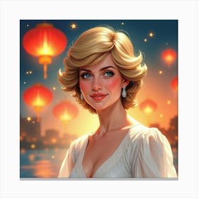 Watercolor Princess Diana With A Background Of Enchanting Lanterns 1 Canvas Print