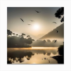 Lake, Mountain, Forest, Sun, Birds 2 Canvas Print