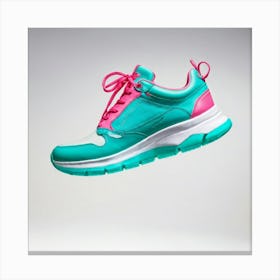 Turquoise And Pink Leather Sneaker With A Dynamically Designed Magic Jumping Sole Suspended Mid Air Canvas Print