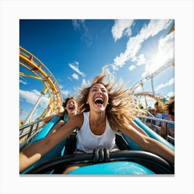 An Amusement Park Roller Coaster Ride Hair Whipped By Strong Winds Passengers Expressions Of Thri Canvas Print