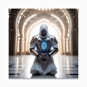 A 3d Dslr Photography Muslim Wearing Futuristic Digital Armor Suit , Praying Towards Masjid Al Haram, House Of God Award Winning Photography From The Year 8045(2) Canvas Print