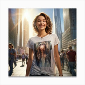 Confident Young Woman Smiling Radiantly Dressed In A Trendy T Shirt Stands At The Center Of A Bus (3) Canvas Print