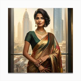 Indian Businesswoman Radiates Confidence Wearing Modern Saree Styled Short Hair Standing In Urban Canvas Print