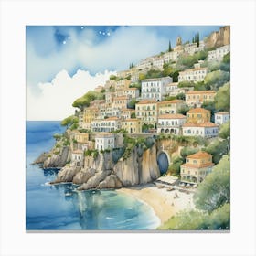 Watercolour Of Amalfi Coast Canvas Print