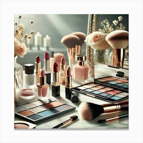 Chic Makeup Essentials Wall Art: A Stylish Arrangement of Beauty Products for Feminine and Modern Decor Print Art Canvas Print