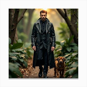 Man In Trench Coat Walking Dog Canvas Print