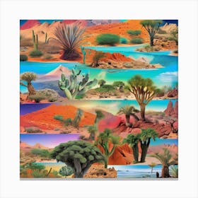 Desert Landscape, A Vibrant Collage Of Different Ecosystems Deserts Forests Oceans Seamlessly Blending Together Canvas Print