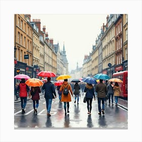 A Watercolor Scene Of People Enjoying A Rainy Day In London, Under Colorful Umbrellas 1 Canvas Print