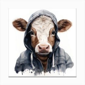 Watercolour Cartoon Cattle In A Hoodie 1 Canvas Print