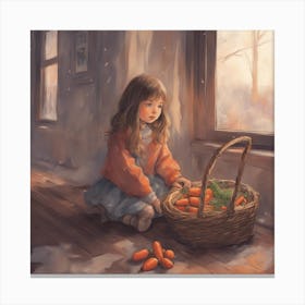 A Little Girl Sits By The Window In The Living Room With A Basket Of Carrots，The Fireplace In The Li Canvas Print