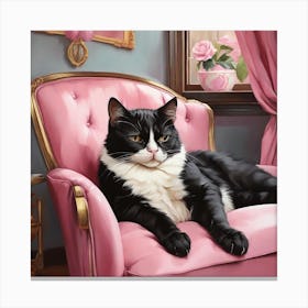 Cat Nap Tuxedo Cat Napping In Pink Interior Art Print 1 Canvas Print