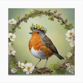 Bird With A Flower Crown European Robin Art Print 1 Canvas Print