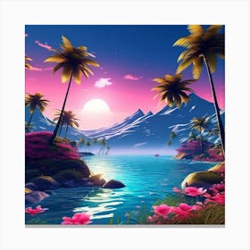 Tropical Landscape With Palm Trees, blue sky, wall art, trees, flowers, and sun. good look. Canvas Print