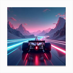 Formula Car Speeding Through A Futuristic Track Surrounded By Neon Lit Mountains 1 Canvas Print