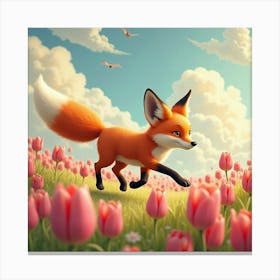 A Fanciful Fox Running Through A Meadow Of Giant Tulips And Swirling, Pastel Colored Clouds Canvas Print