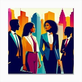 A group of four diverse business professionals, including two women and two men, dressed in colorful suits, standing in front of a vibrant cityscape with skyscrapers in the background, symbolizing their success, ambition, and determination in the fast-paced world of business, ready to take on any challenge that comes their way. Canvas Print